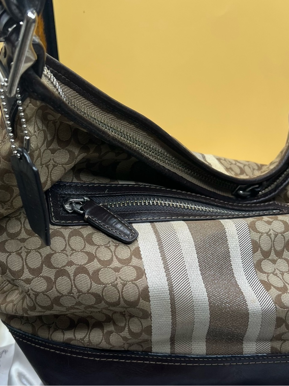 Coach Monogram Stripe Shoulder Bag in Brown and Cream
